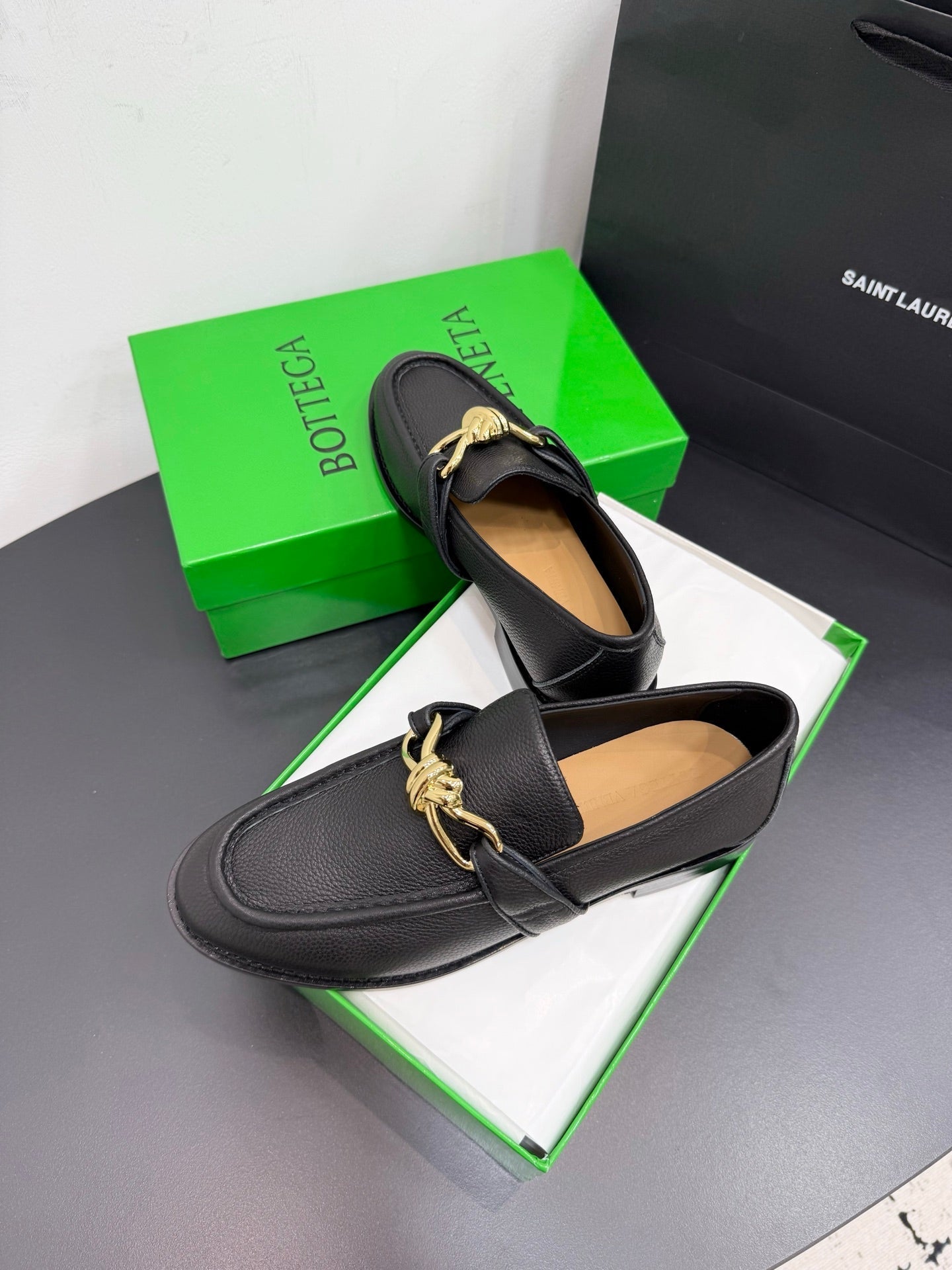 BOTTEGA VENETA 26S LOAFERS IN BLACK GRAINED CALFSKIN WITH GOLD HARDWARE