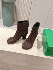 BOTTEGA VENETA 26S INTRECCIATO BOOTS 85 MM IN DARK BROWN SUEDE AND LAMBSKIN