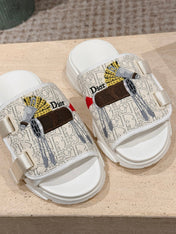 DIOR 26S DOUBLE STRAP SLIDE SANDALS IN WHITE LACE MONOGRAM CANVAS