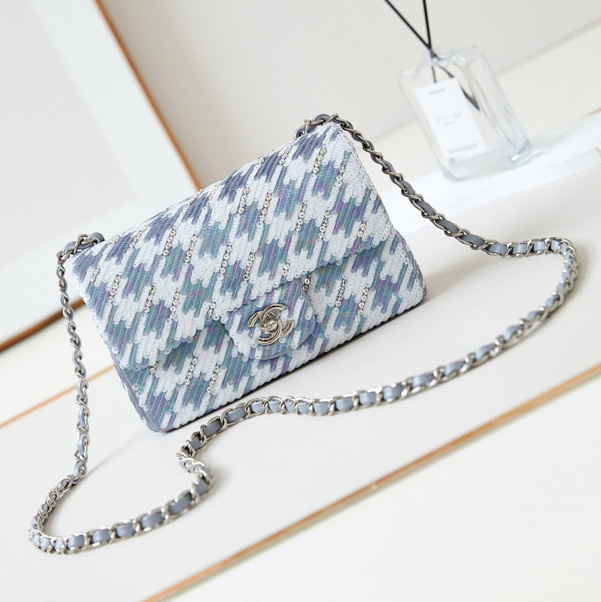 CHANEL 25S FLAP BAG 20 IN WHITE MIX BLUE SEQUINS