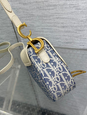 DIOR 25S MINI SOFT SADDLE BAG 19 IN BLUE DIOR OBLIQUE CHAMBRAY AND IVORY SMOOTH CALFSKIN