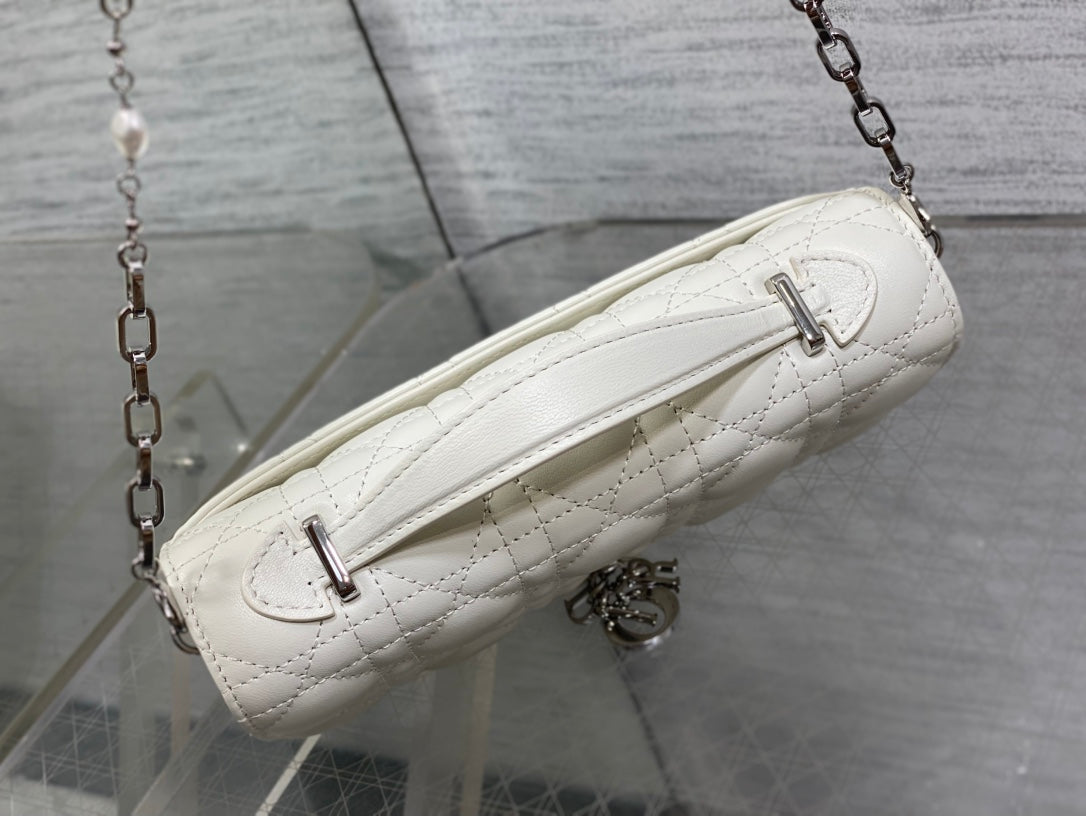DIOR 25S DIOR TALK PHONE POUCH 21 IN WHITE CANNAGE LAMBSKIN SILVER HARDWARE