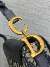 DIOR 25S MINI SOFT SADDLE BAG 19 IN BLUE DIOR OBLIQUE JACQUARD AND SMOOTH CALFSKIN