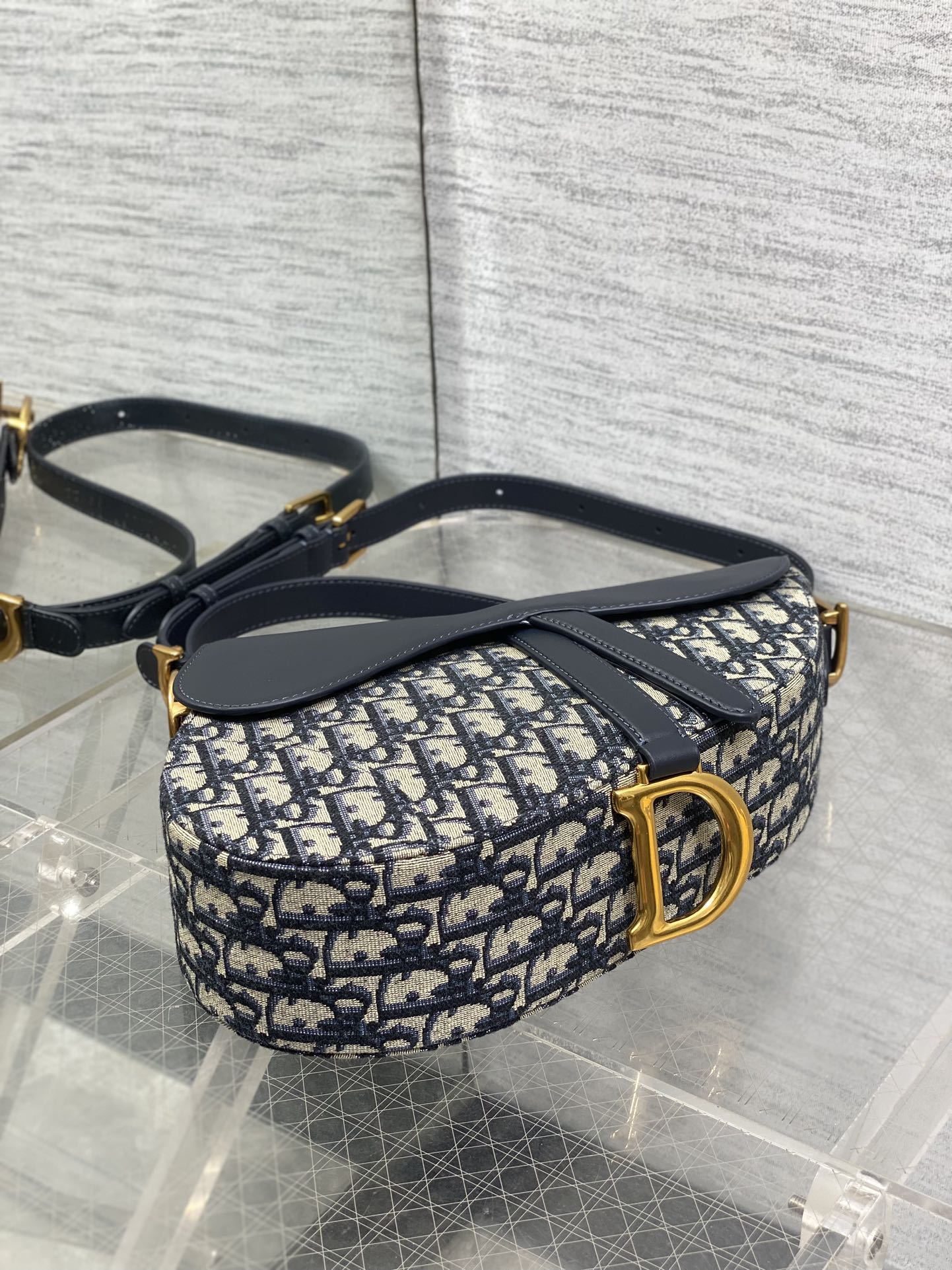 DIOR 25S MINI SOFT SADDLE BAG 19 IN BLUE DIOR OBLIQUE JACQUARD AND SMOOTH CALFSKIN