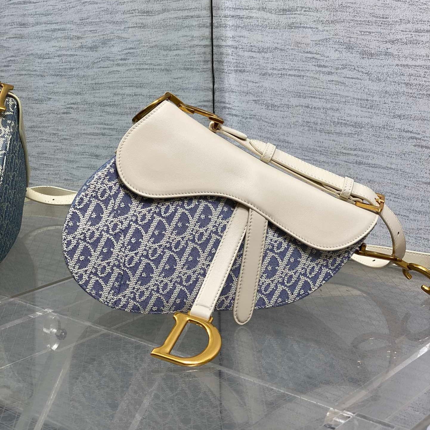 DIOR 25S SOFT SADDLE BAG 25 IN BLUE DIOR OBLIQUE CHAMBRAY AND IVORY SMOOTH CALFSKIN