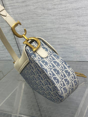 DIOR 25S SOFT SADDLE BAG 25 IN BLUE DIOR OBLIQUE CHAMBRAY AND IVORY SMOOTH CALFSKIN