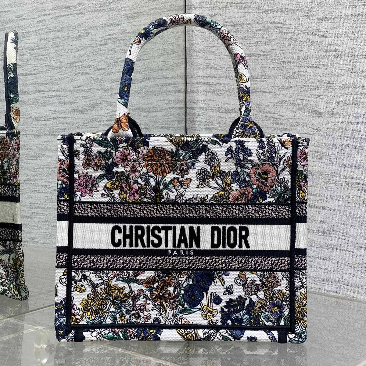 DIOR 25S LUCKY SMALL DIOR BOOK TOTE 26 IN MULTICOLOR DIOR FLOWERS CALENDAR ALLOVER EMBROIDERY