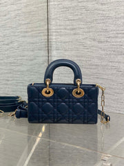 DIOR 25S SMALL LADY D‑JOY BAG 19 IN DARK BLUE CANNAGE CALFSKIN GOLD HARDWRE