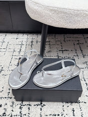 CHANEL 26S THONG SANDALS IN SILVER CALFSKIN WITH GOLD HARDWARE