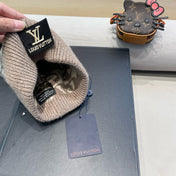 KNITTED BEANIE HAT IN BROWN MIX BEIGE WOOL AND RABBIT FUR 426244