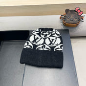 KNITTED BEANIE HAT IN BLACK MIX WHITE WOOL AND RABBIT FUR 426245