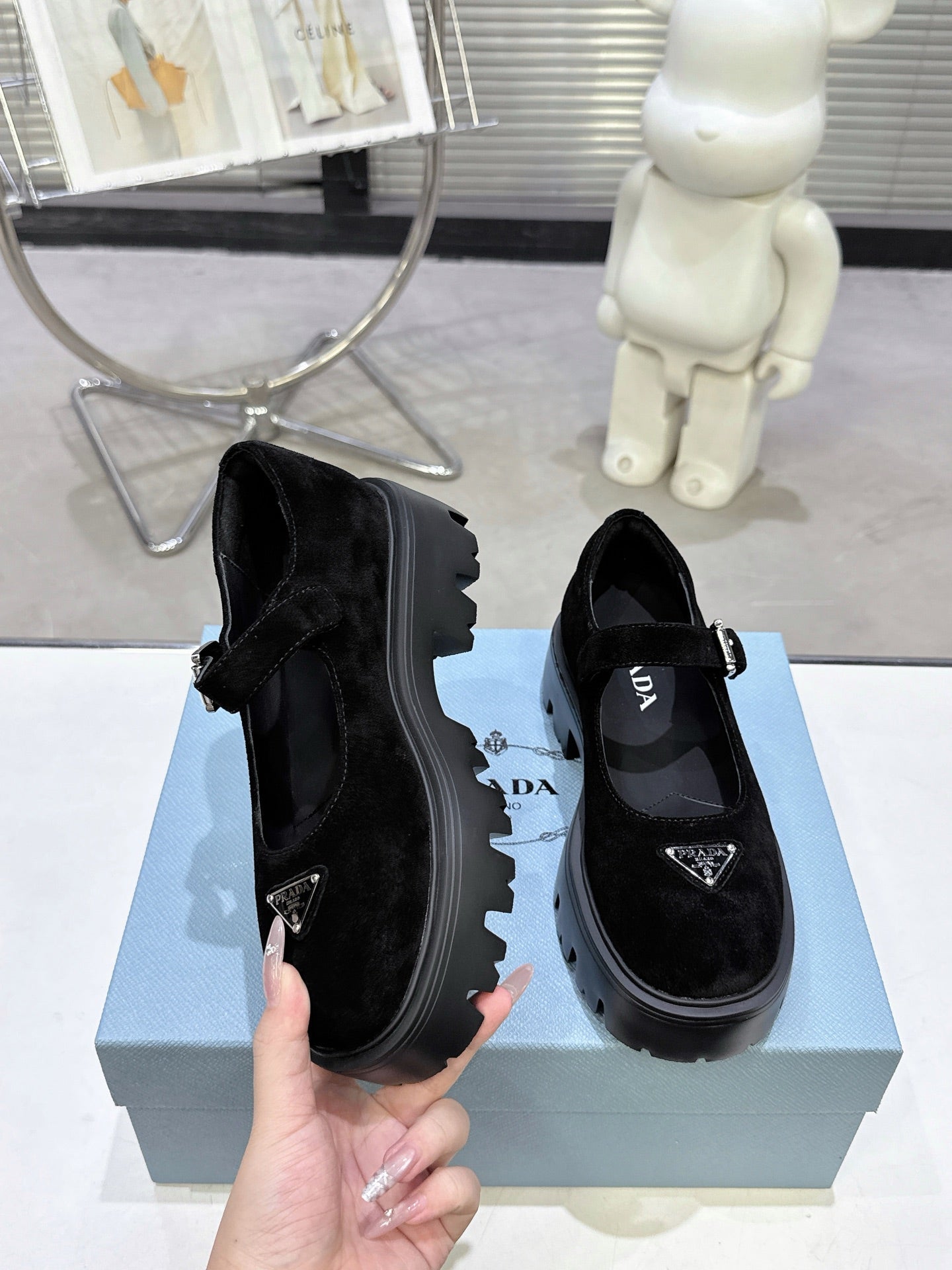 PRADA 25S PLATFORM MARY JANE SHOES IN BLACK SUEDE STYLE 2