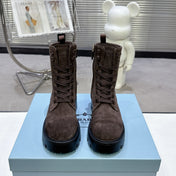 PRADA 25S WARRIOR BOOTS IN DARK BROWN SUEDE