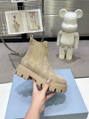 PRADA 25S RETRO PLATFORM MARTIN ANKLE BOOTS IN BEIGE SUEDE