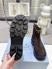 PRADA 25S RETRO PLATFORM MARTIN ANKLE BOOTS IN DARK BROWN SUEDE