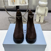 PRADA 25S RETRO PLATFORM MARTIN ANKLE BOOTS IN DARK BROWN SUEDE