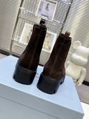 PRADA 25S RETRO PLATFORM MARTIN ANKLE BOOTS IN DARK BROWN SUEDE