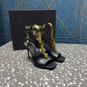 BALMAIN 26S HIGH-HEEL SANDALS 95 MM IN BLACK CALFSKIN