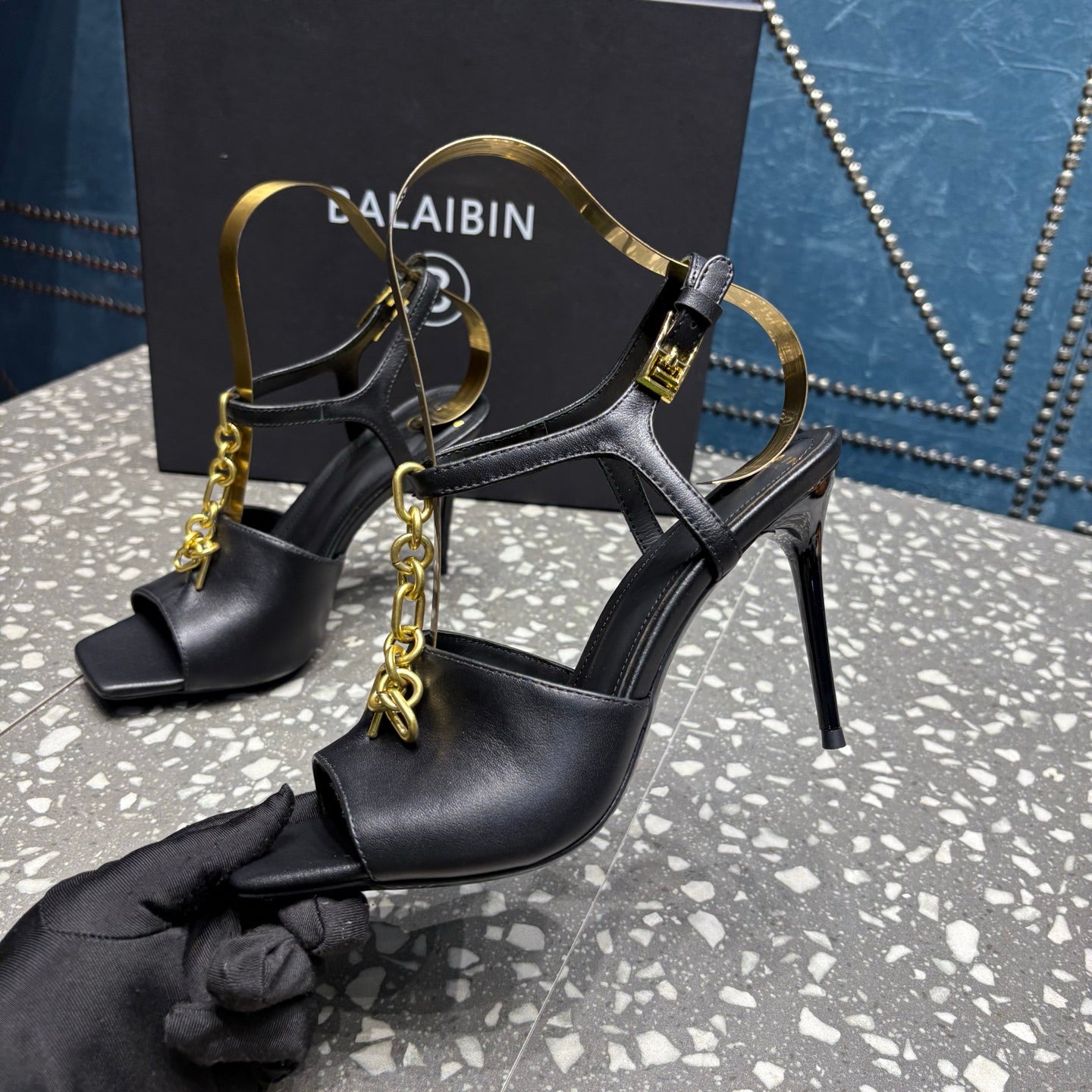 BALMAIN 26S HIGH-HEEL SANDALS 95 MM IN BLACK CALFSKIN