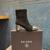 BALMAIN 26S BOOTS 65 MM IN BLACK SUEDE AND SILVER CALFSKIN