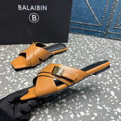 BALMAIN 26S CROSS-STRAP SLIDES IN BROWN CALFSKIN