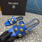 BALMAIN 26S SLIPPERS IN NAVY BLUE CALFSKIN WITH GOLD HARDWARE