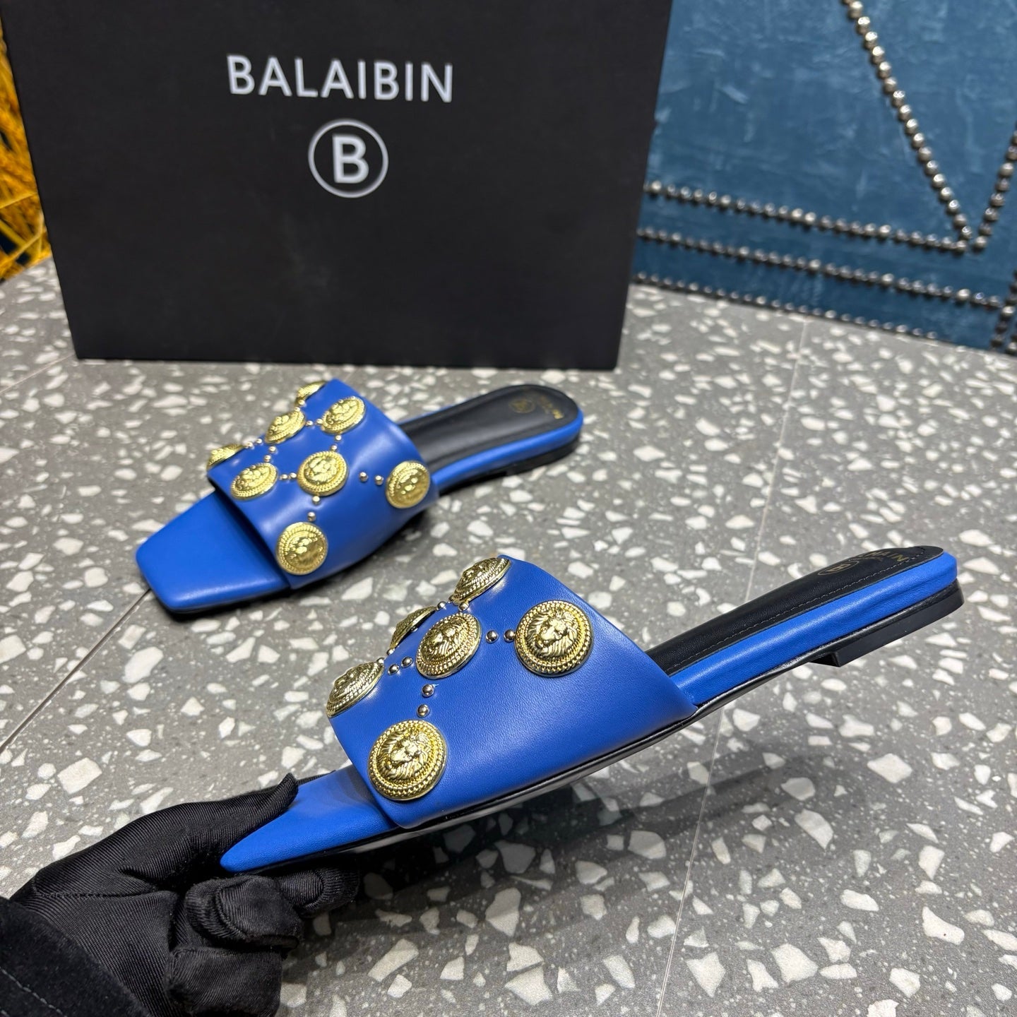 BALMAIN 26S SLIPPERS IN NAVY BLUE CALFSKIN WITH GOLD HARDWARE