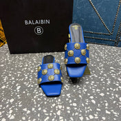 BALMAIN 26S SLIPPERS IN NAVY BLUE CALFSKIN WITH GOLD HARDWARE