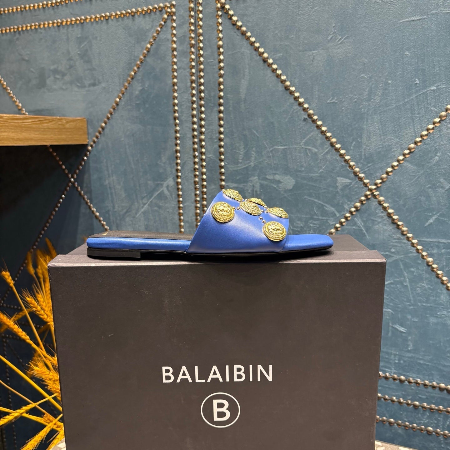 BALMAIN 26S SLIPPERS IN NAVY BLUE CALFSKIN WITH GOLD HARDWARE