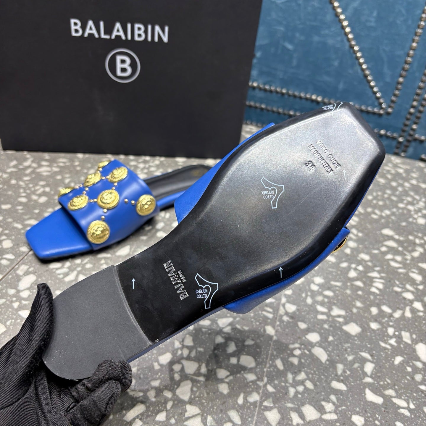 BALMAIN 26S SLIPPERS IN NAVY BLUE CALFSKIN WITH GOLD HARDWARE
