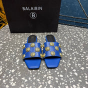 BALMAIN 26S SLIPPERS IN NAVY BLUE CALFSKIN WITH GOLD HARDWARE