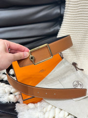 HM OSCAR BELT GOLD BUCKLE & REVERSIBLE GINGER ORANGE LEATHER STRAP 38MM