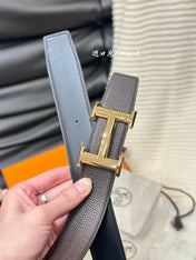 HM 5382 BELT GOLD BUCKLE & REVERSIBLE BLACK LEATHER STRAP 38MM