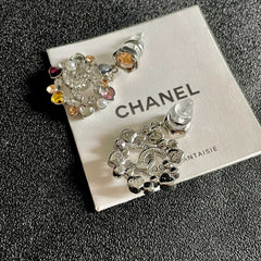 DOUBLE C STUD EARRINGS IN SILVER METAL WHITE PEARL MULTICOLOR STONES