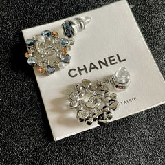 DOUBLE C STUD EARRINGS IN SILVER METAL WHITE PEARL GOLD AND BLUE STONES