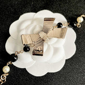 CHANEL 26S CRYSTAL BOW PEARL & BEAD CHAIN BRACELET IN GOLD METAL 629979