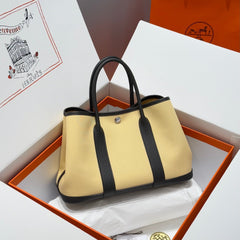 GARDEN PARTY 30CM IN DARK BEIGE TOILETS COTTON CANVAS AND BLACK CALFSKIN