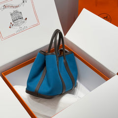 GARDEN PARTY 30CM IN BLUE TOILETS COTTON CANVAS AND BLACK CALFSKIN