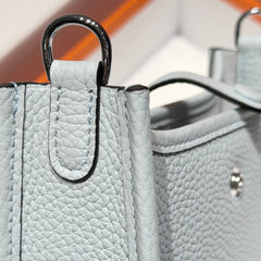 HERMES 25S MINI EVELYNE 18 IN MIST BLUE PATTERNED STRAP CALFSKIN SILVER HARDWARE