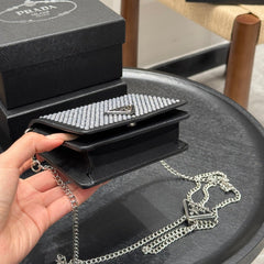 STUDDED CRYSTAL WALLET ON CHAIN 13 IN BLACK CALFSKIN