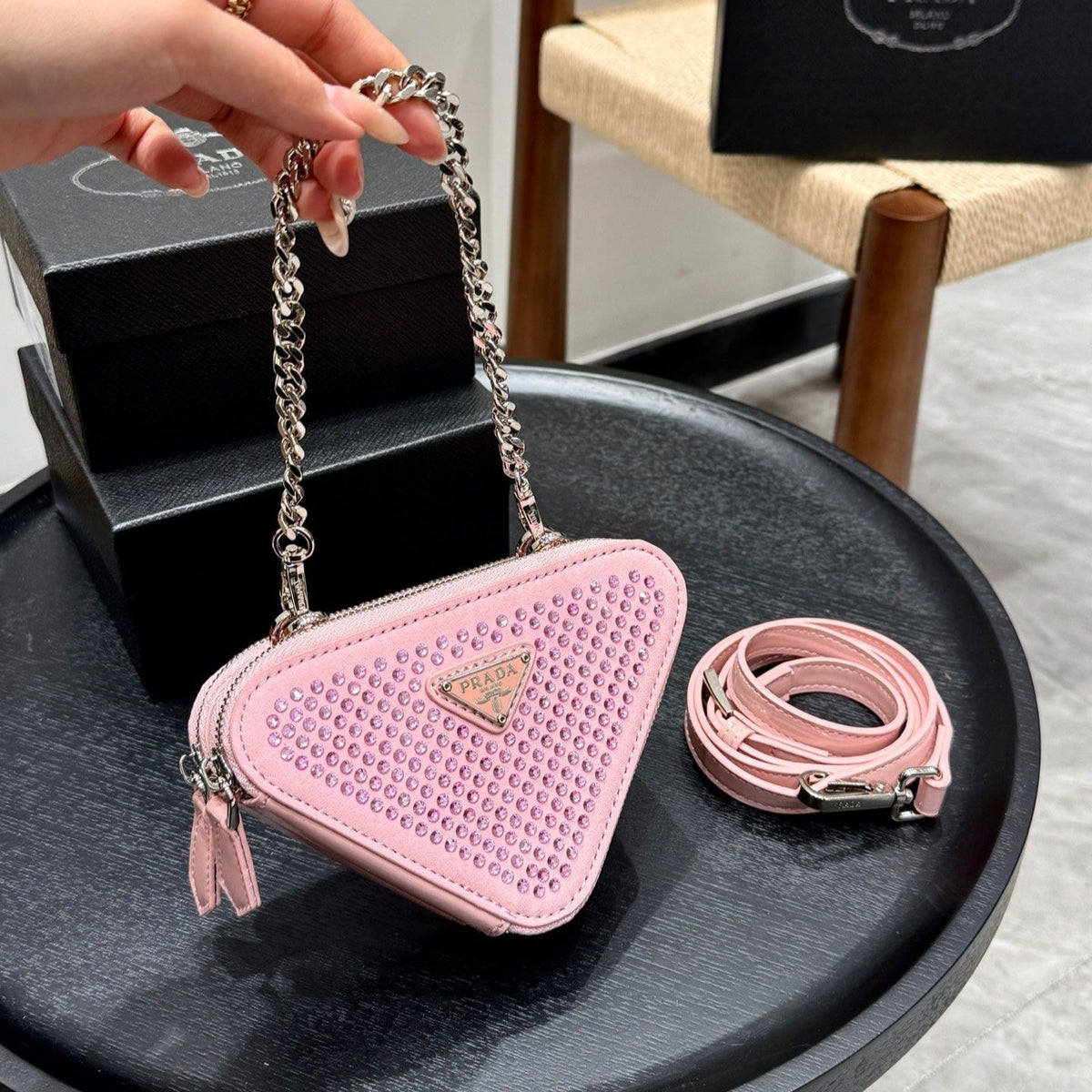 STUDDED CRYSTAL TRIANGLE 15 SHOULDER BAG IN PINK CALFSKIN