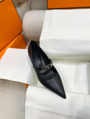 HM 26S MARY JANE POINTED TOE HEELS 40MM IN BLACK CALFSKIN KELLY BUCKLE