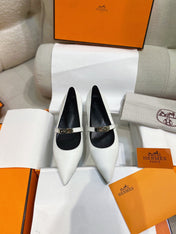 HM 26S KELLY BUCKLE MARY JANE POINTED FLATS IN CREAM WHITE CALFSKIN