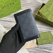 OPHIDIA GG 12 CARD CASE DARK BLUE CANVAS AND BLACK CALFSKIN