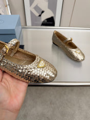 PRADA 26S MARY JANE FLATS IN GOLD WOVEN CALFSKIN