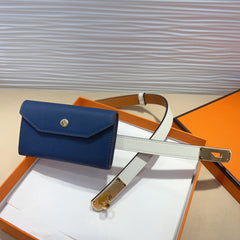 HM KELLY NAVY BLUE POCKET 18MM BELT WHITE LEATHER GOLD HARDWARE