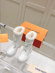 RUBY FLAT ANKLE BOOT IN WHITE CALFSKIN AND MONOGRAM NYLON