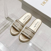 DWAY WEDGE SLIDES 45MM IN WARM GREIGE FABRIC RAFFIA SOLE