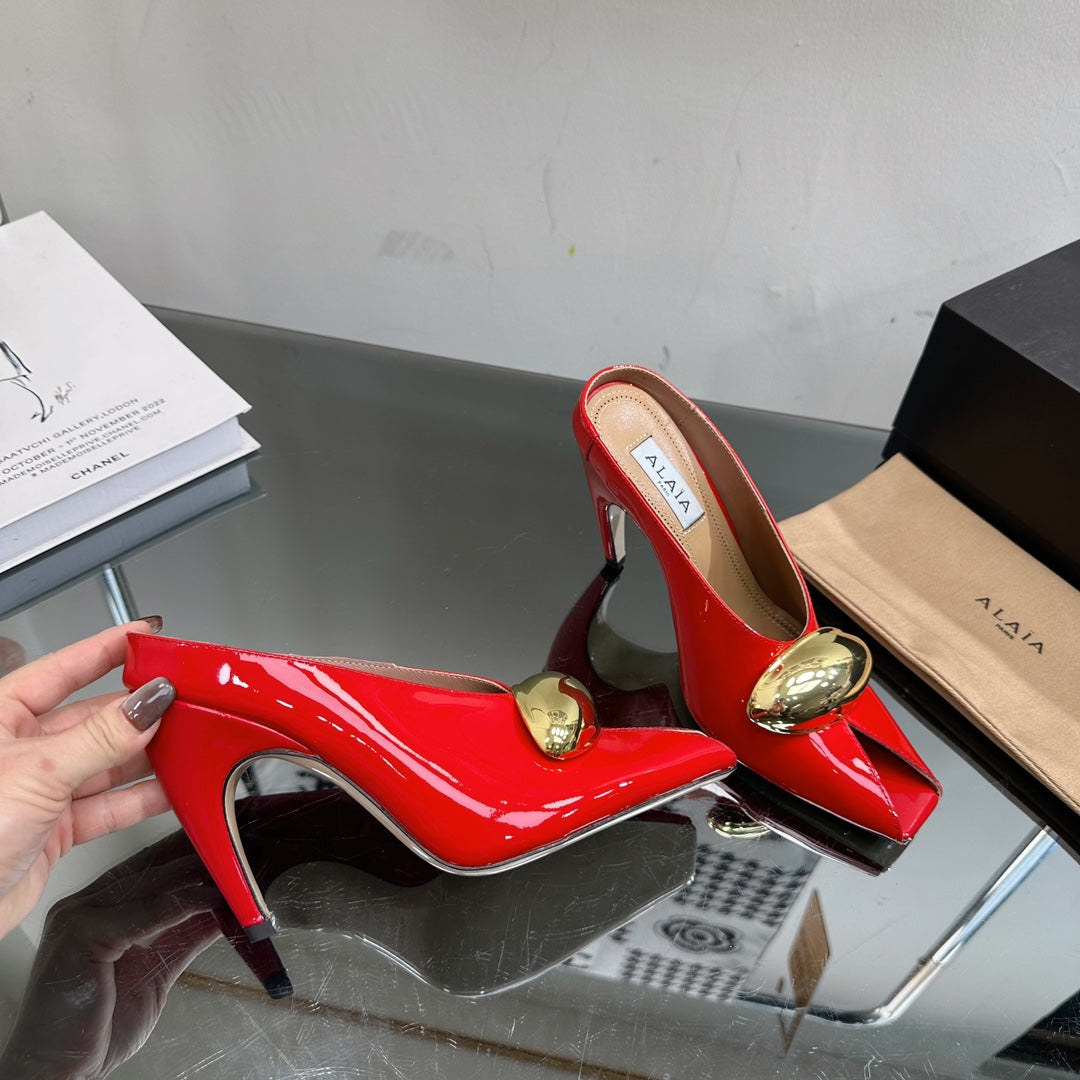 ALAIA AZZEDINE HIGH HEELS IN CHERRY RED CALFSKIN WITH GOLD HARDWARE