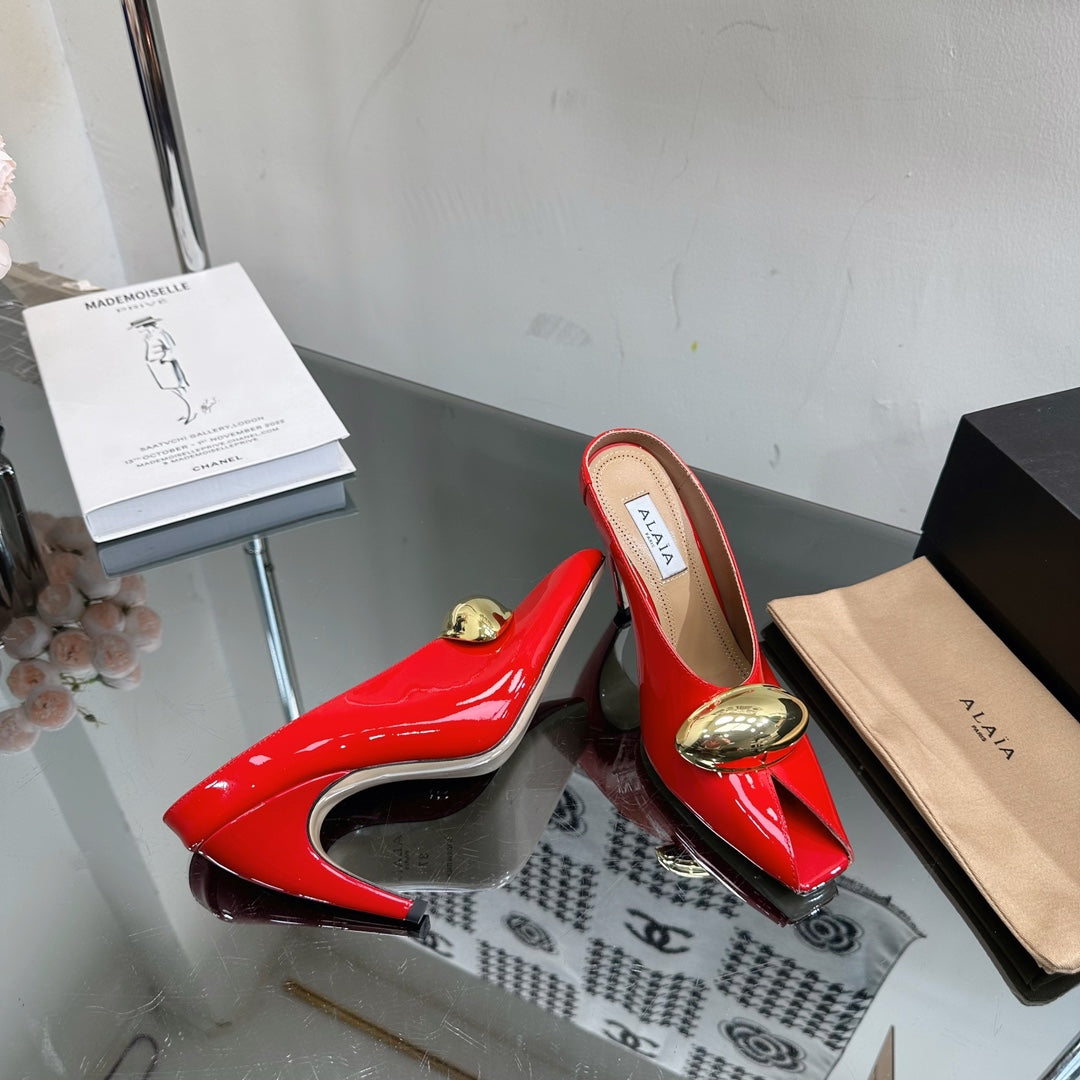 ALAIA AZZEDINE HIGH HEELS IN CHERRY RED CALFSKIN WITH GOLD HARDWARE